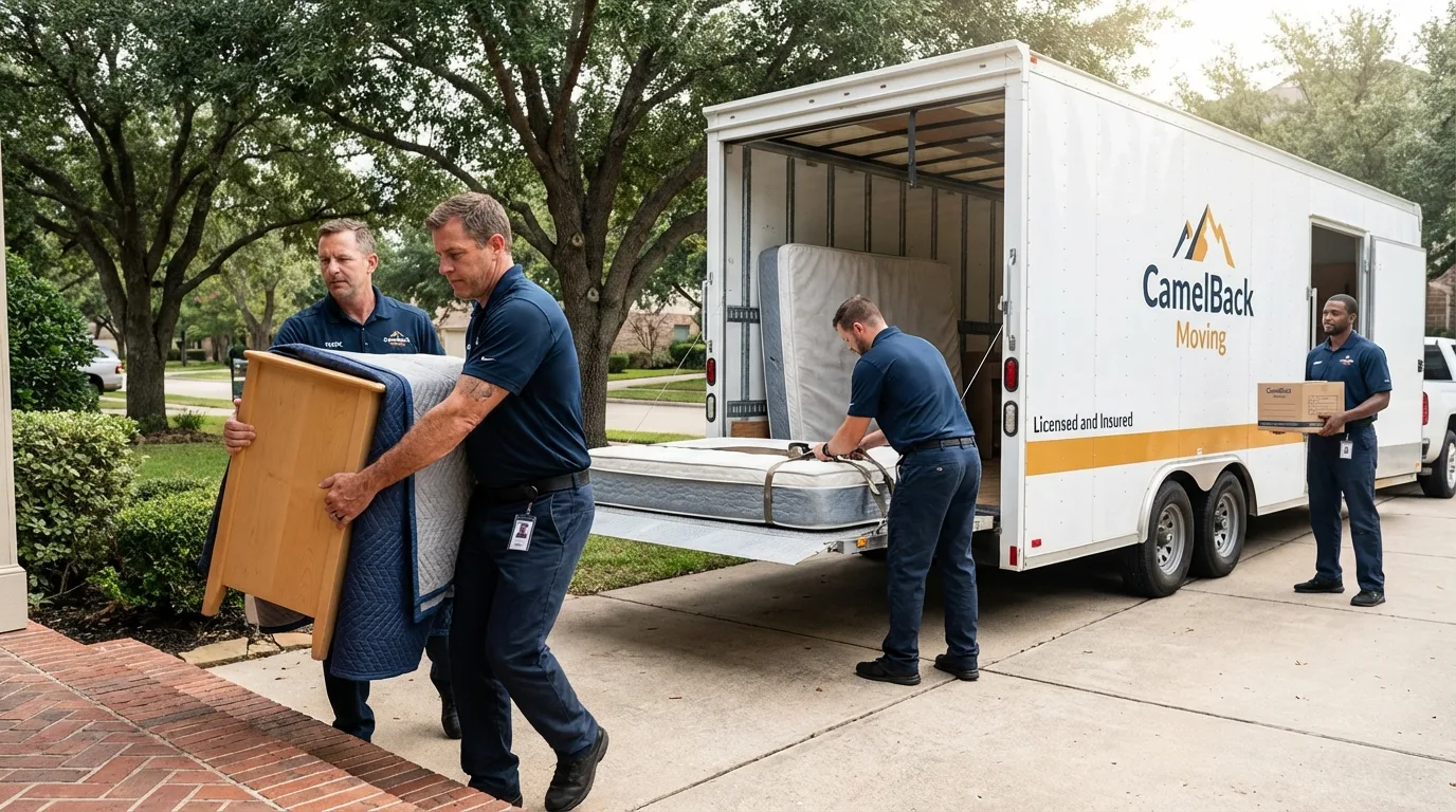 Crew loading residential truck for cross-state move from Sweetwater, TX