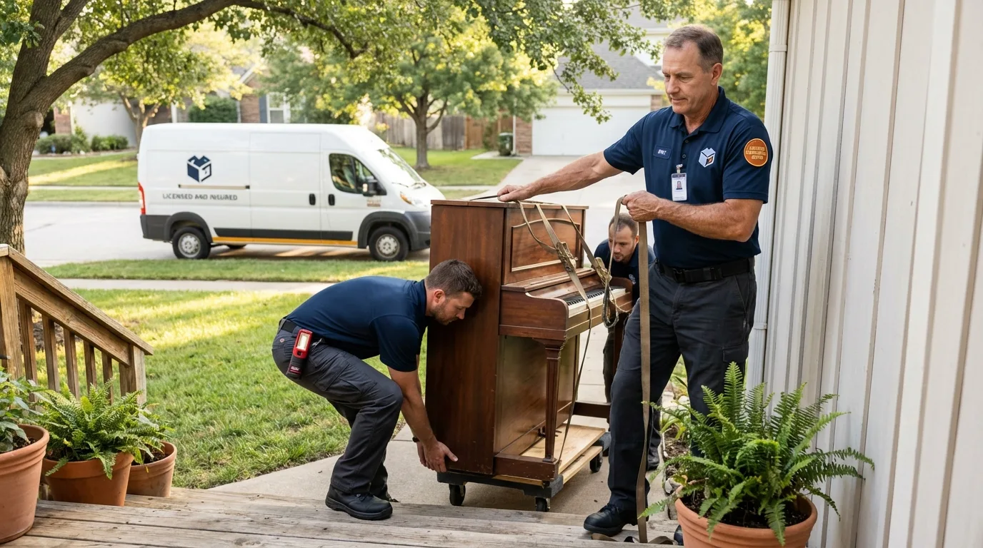 Licensed piano movers securing grand piano in Sweetwater, TX